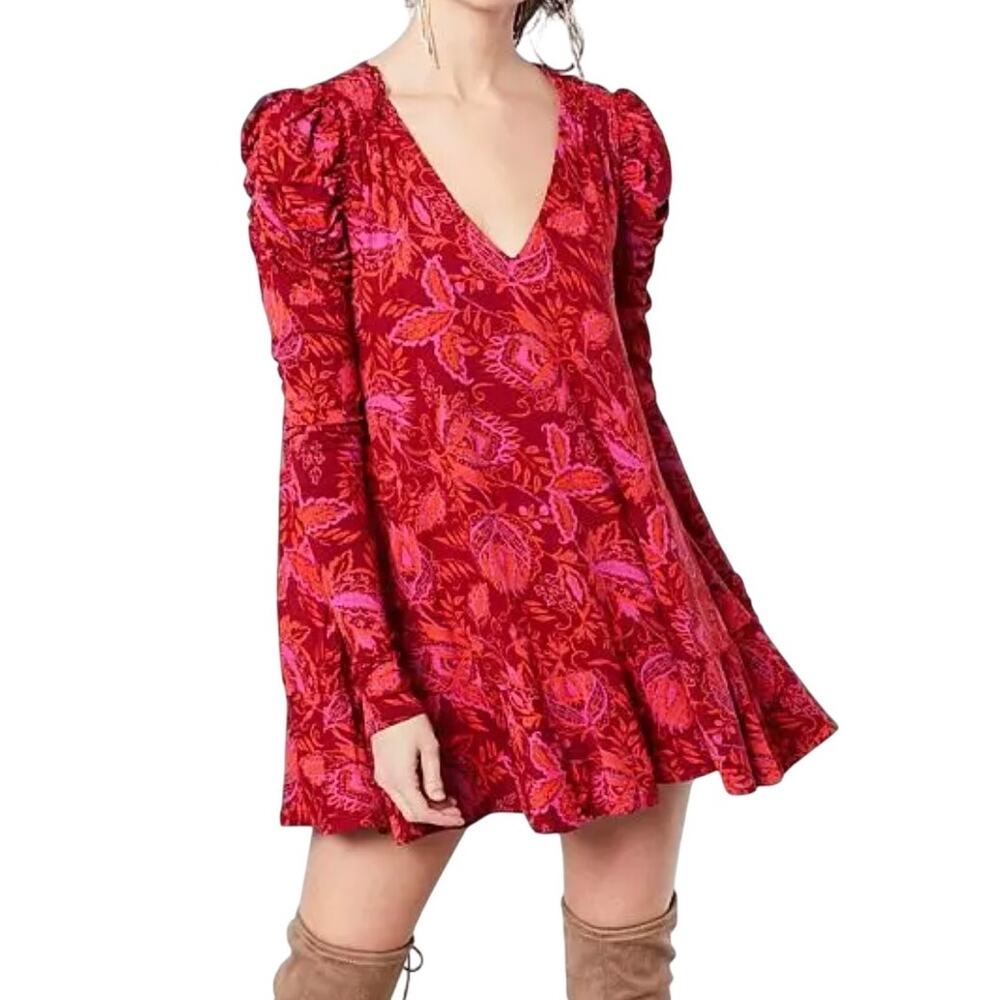 Free People Hello Lover Red Floral Long Puff Sleeve V-Neck Tunic Top Mini Dress